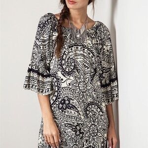 UMGEE | Black and White Boho Flutter Sleeve Cotton Tunic Dress | Size Small